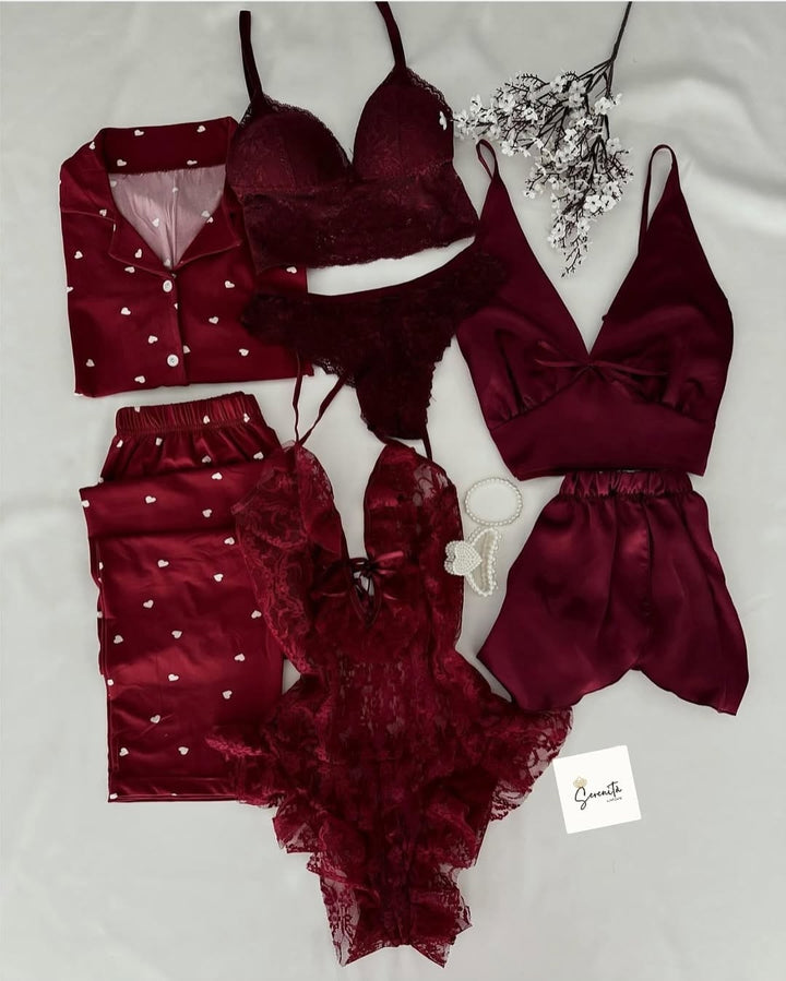 5 Pcs Heart Printed Nighty & Lingerie Set