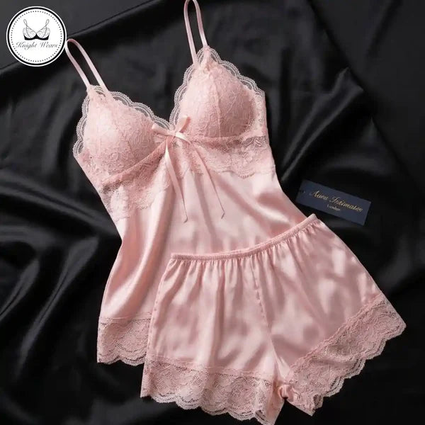 Women's Satin Lace Cami & Shorts Set – Pink