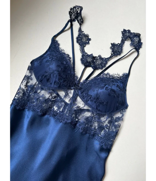 Blue 6 Pcs Long Slit Silk Nighty Set