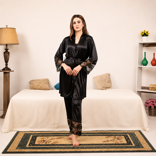 Black Satin Jersey Silk Guipure Detail Nighty Set