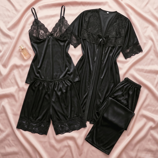 5 Pcs Luxury Satin Lace Nightwear Set – Black