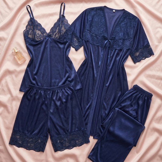 5 Pcs Luxury Satin Lace Nightwear Set – Navy Blue