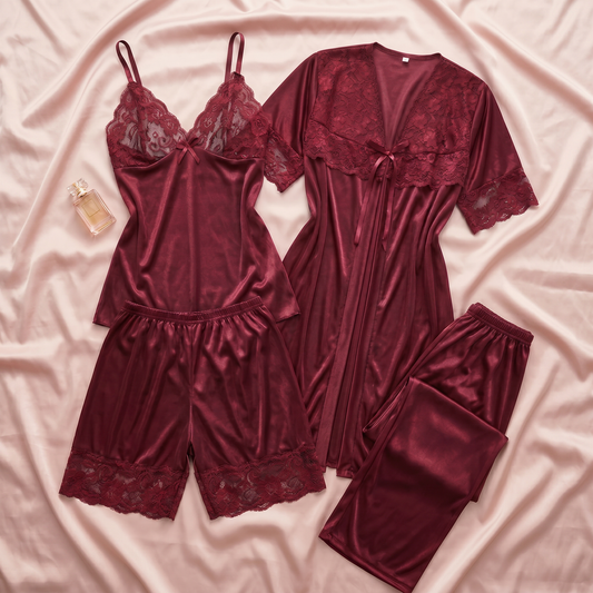5 Pcs Luxury Satin Lace Nightwear Set – Maroon