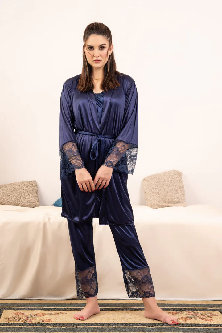 5 PCS LONG SLIT SILK NIGHTY SET - Navy