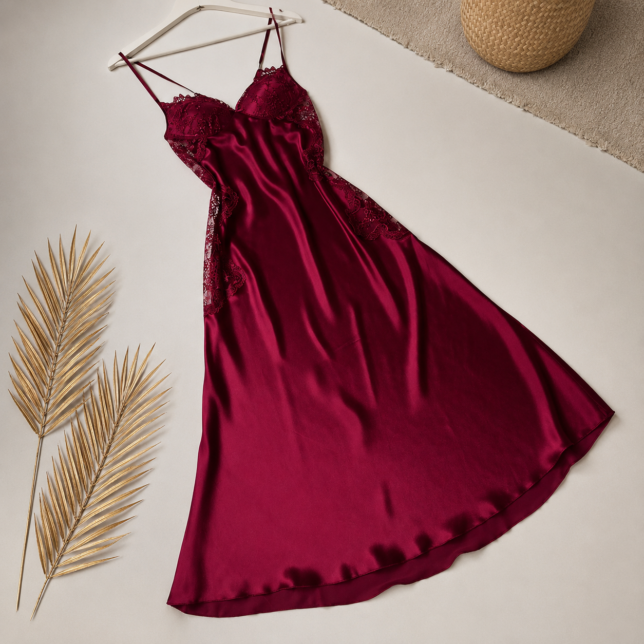 5 Pcs Slit Turkish Style Nighty Set Maroon