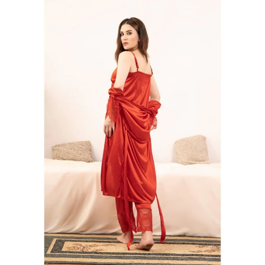 Best Selling Satin Jersey Silk Guipure Detail Nighty Set Red