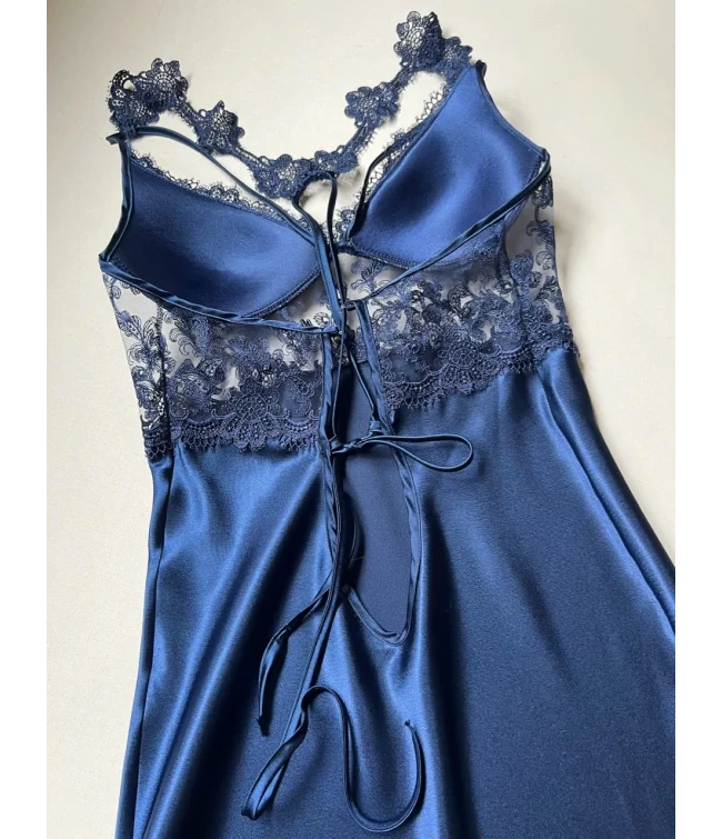 Blue 6 Pcs Long Slit Silk Nighty Set