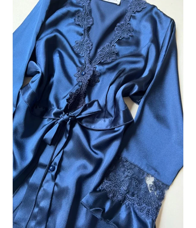 Blue 6 Pcs Long Slit Silk Nighty Set