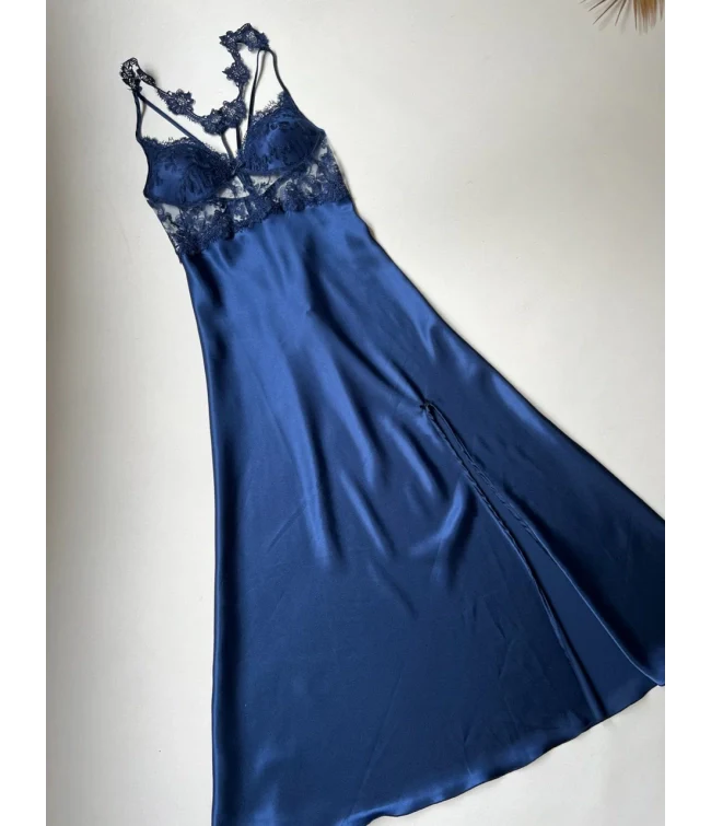 Blue 6 Pcs Long Slit Silk Nighty Set