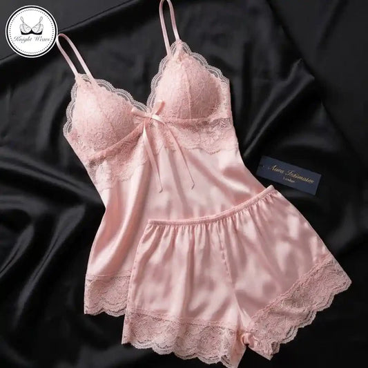 Women's Satin Lace Cami & Shorts Set – Pink