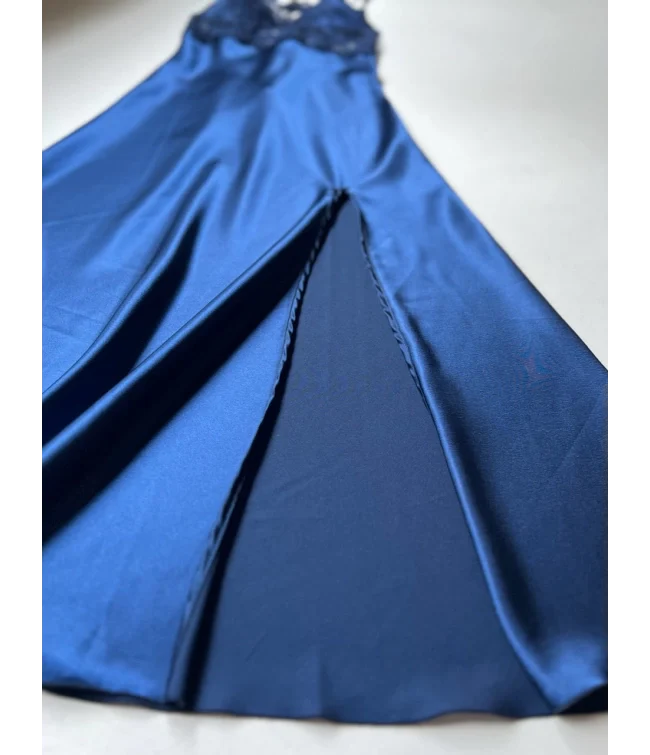 Blue 6 Pcs Long Slit Silk Nighty Set