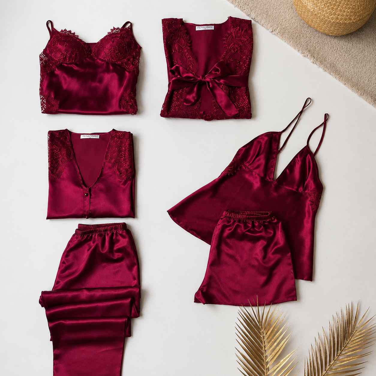 5 Pcs Slit Turkish Style Nighty Set Maroon