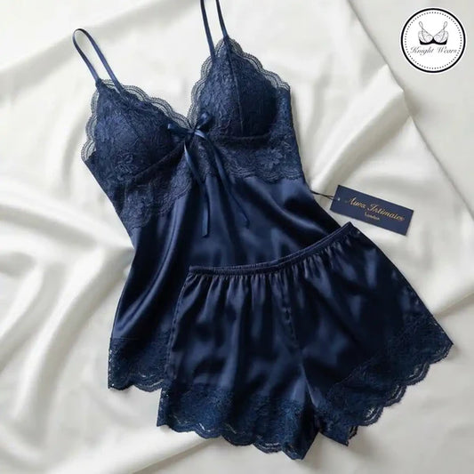 Women's Satin Lace Cami & Shorts Set – Navy Blue