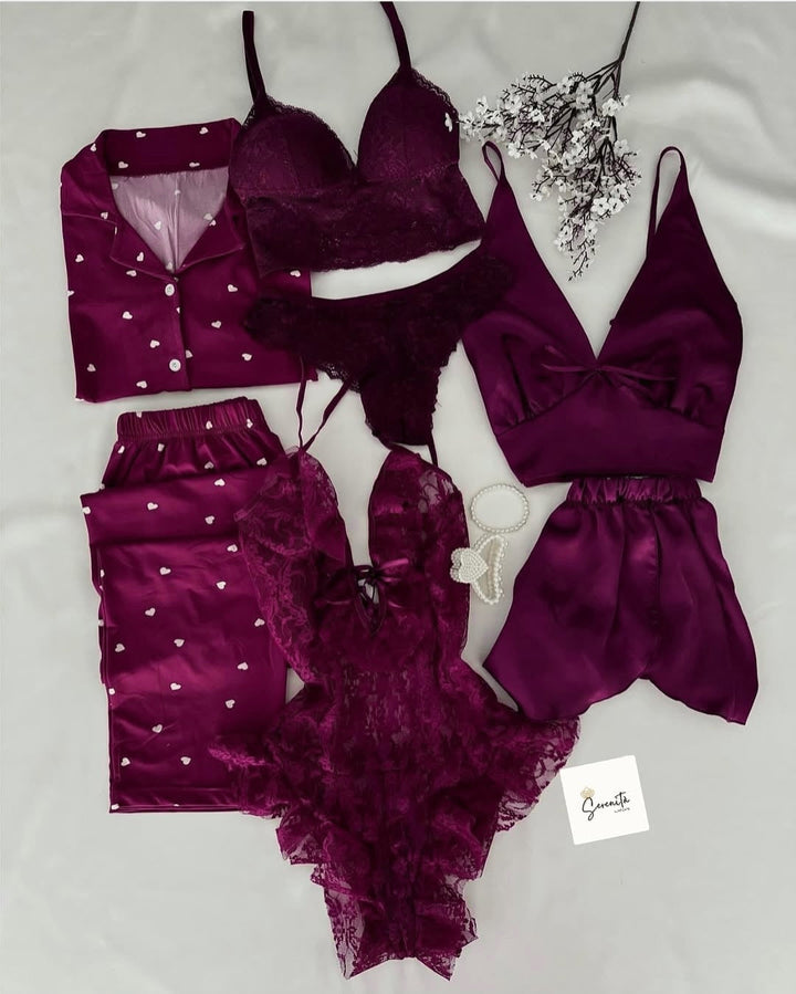 5 Pcs Heart Printed Nighty & Lingerie Set