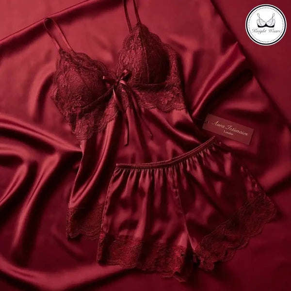 Women's Satin Lace Cami & Shorts Set – Red