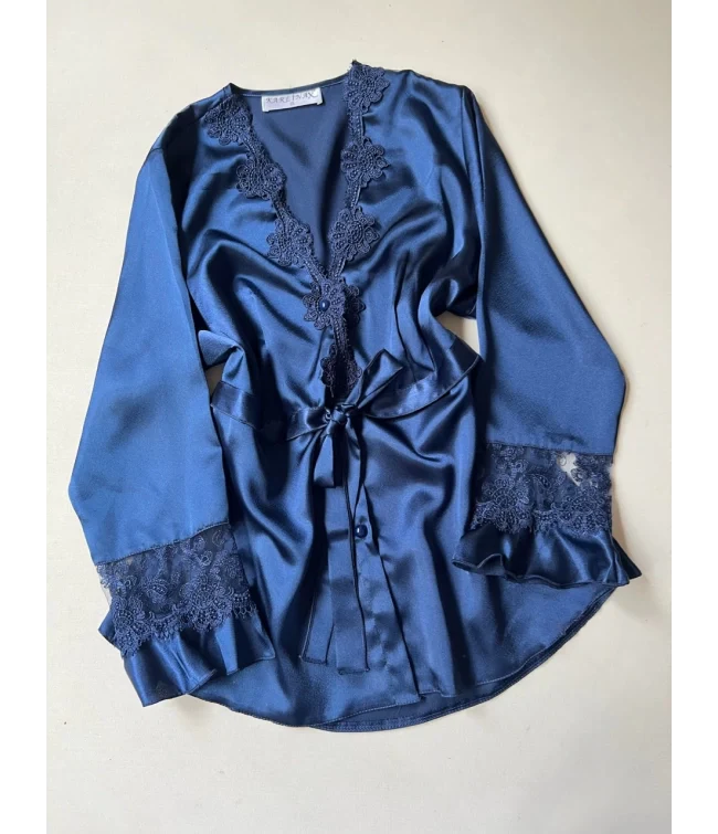 Blue 6 Pcs Long Slit Silk Nighty Set