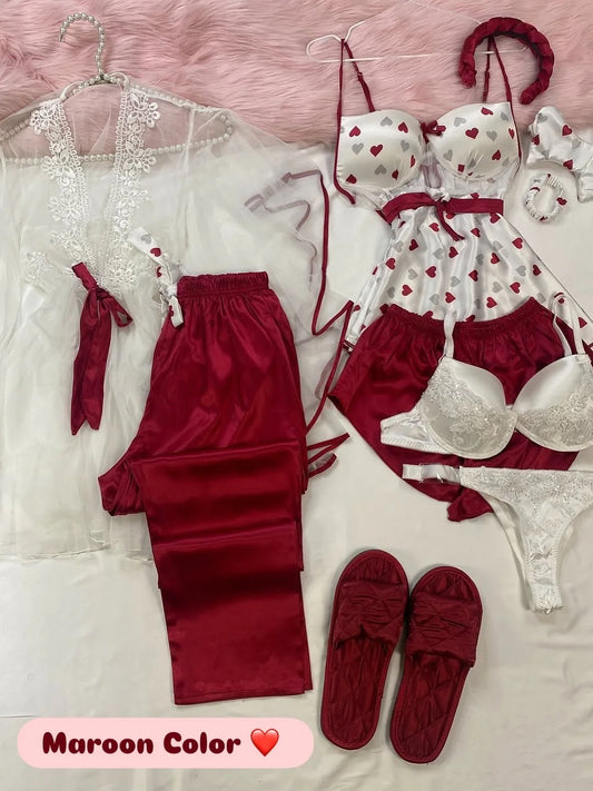 5 Pcs Luxury Imported Silk Nighty Bridal Set