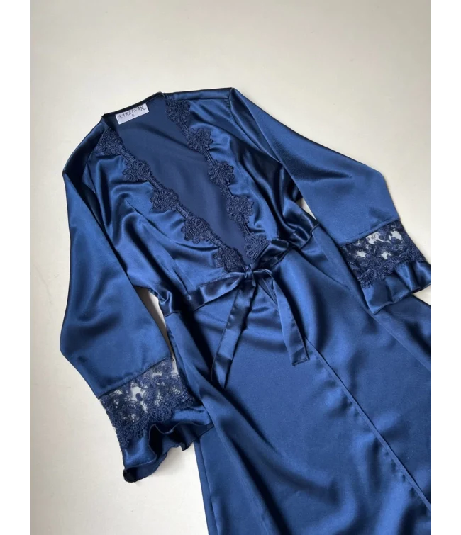 Blue 6 Pcs Long Slit Silk Nighty Set