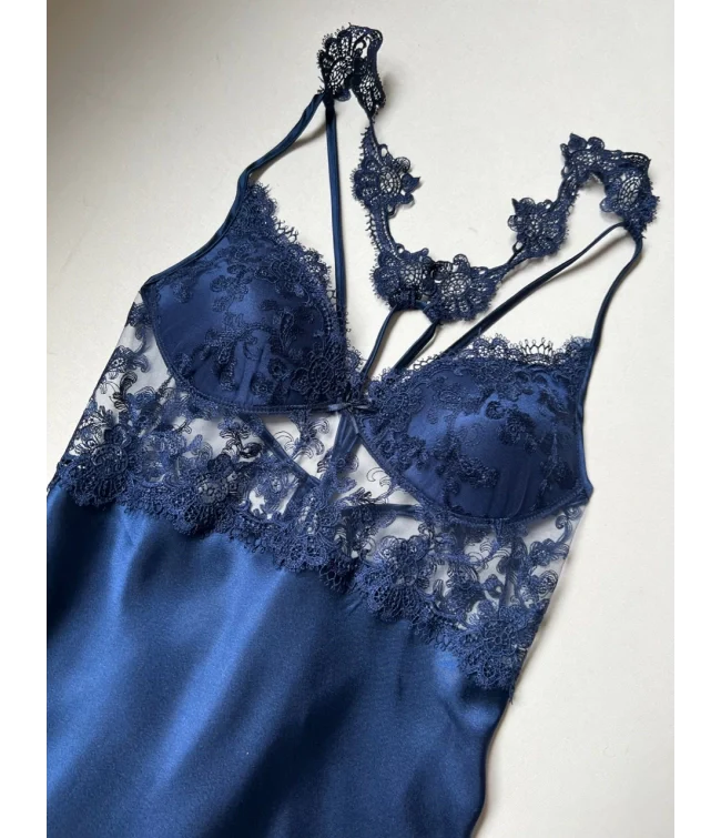 Blue 6 Pcs Long Slit Silk Nighty Set