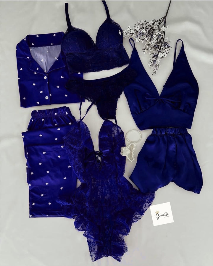 5 Pcs Heart Printed Nighty & Lingerie Set