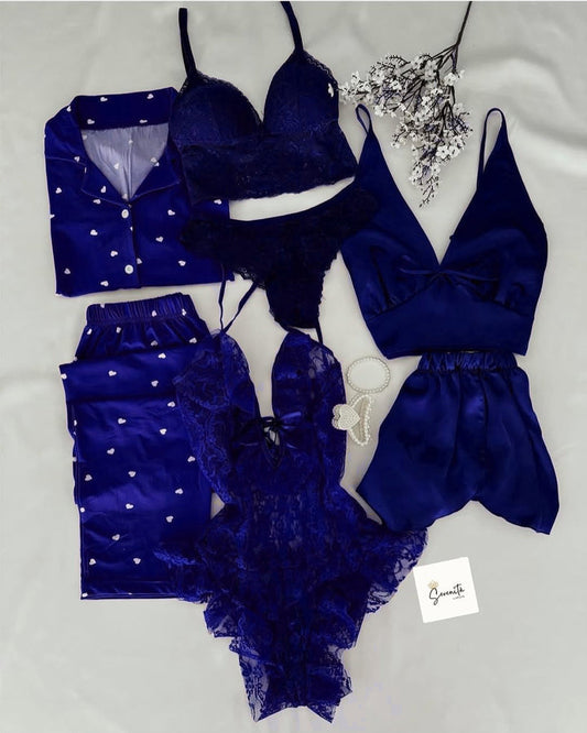 5 Pcs Heart Printed Nighty & Lingerie Set