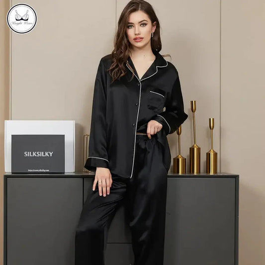 2 Pcs Black Women's Premium Satin Silk Pajama Set – Long Sleeve