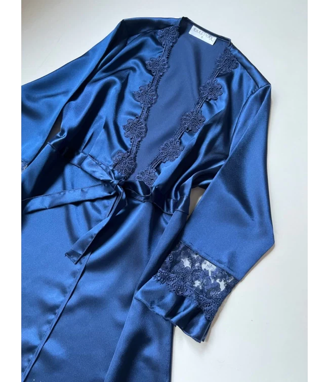Blue 6 Pcs Long Slit Silk Nighty Set
