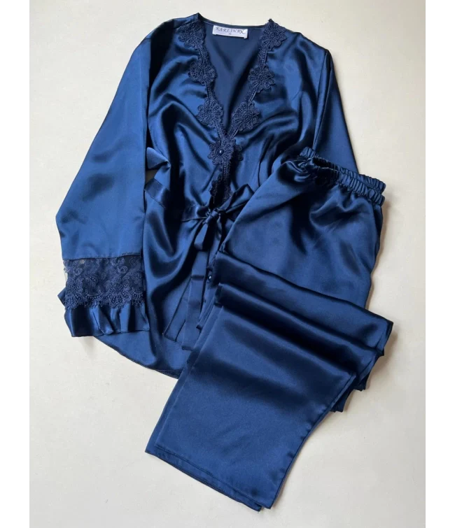 Blue 6 Pcs Long Slit Silk Nighty Set