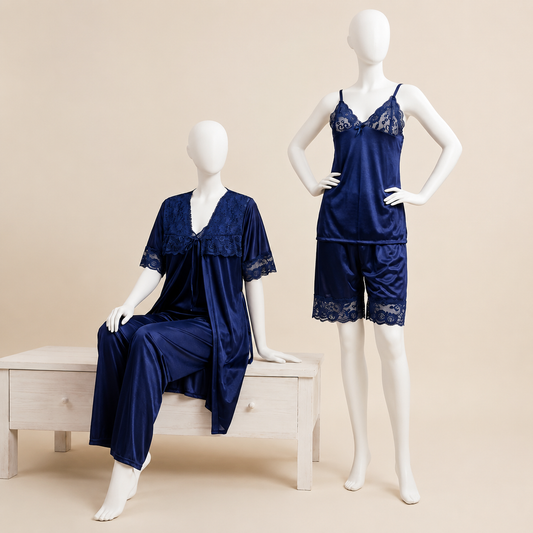 5 Pcs Luxury Satin Lace Nightwear Set – Navy Blue