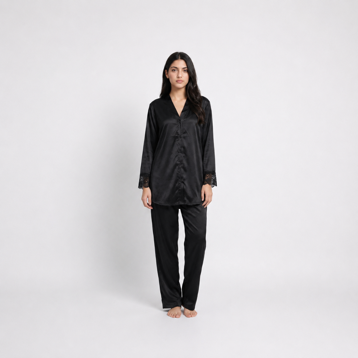 2 PCs V Neck Gown Set - Silky Charm - Black