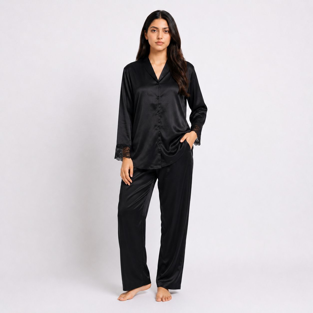 2 PCs V Neck Gown Set - Silky Charm - Black