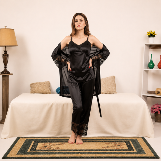 Black Satin Jersey Silk Guipure Detail Nighty Set