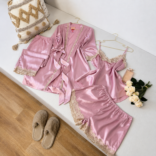 KR Imported Pyjama 5pcs Satin Silk Nighty Set
