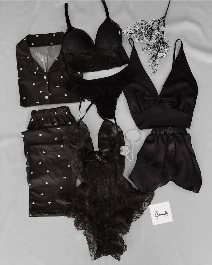 5 Pcs Heart Printed Nighty & Lingerie Set