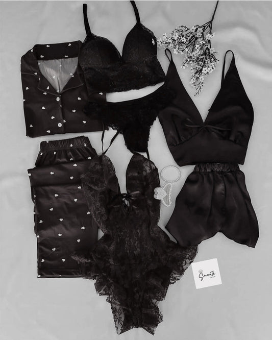 5 Pcs Heart Printed Nighty & Lingerie Set