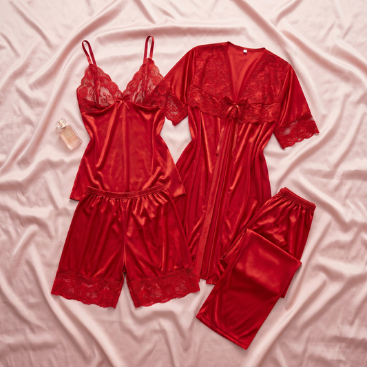 5 Pcs Luxury Satin Lace Nightwear Set – Red