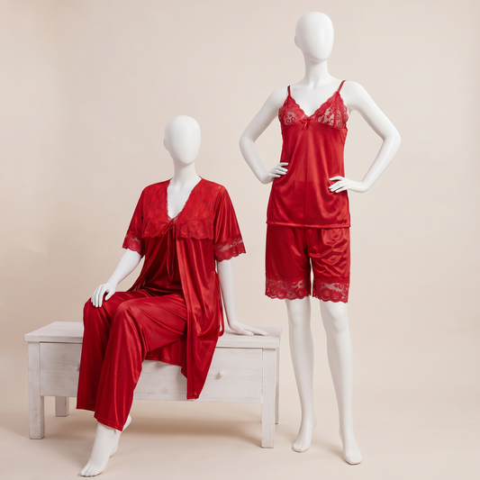 5 Pcs Luxury Satin Lace Nightwear Set – Red