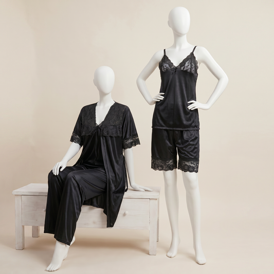 5 Pcs Luxury Satin Lace Nightwear Set – Black