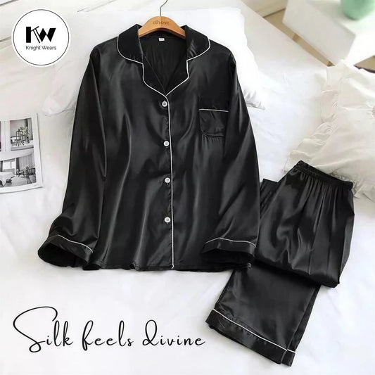 2 Pcs Black Women's Premium Satin Silk Pajama Set – Long Sleeve