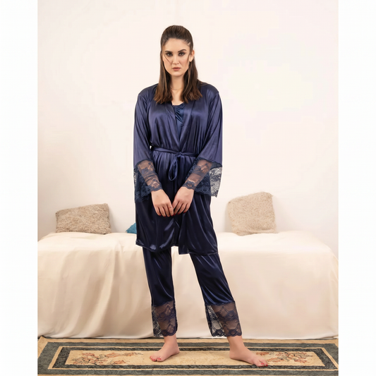 Turkish Satin Jersey Silk Guipure Detail Nighty Set Navy Blue