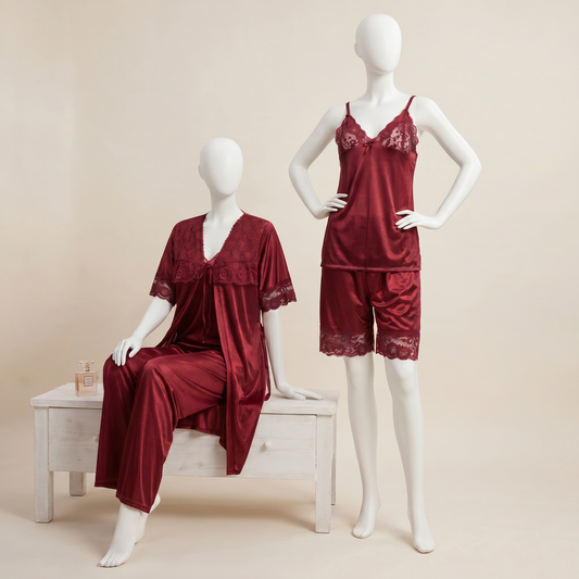 5 Pcs Luxury Satin Lace Nightwear Set – Maroon
