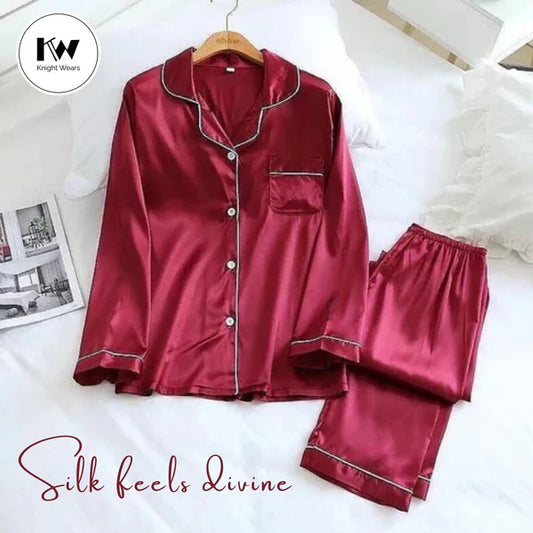 2 Pcs Maroon Premium Satin Silk Pajama Set for Women