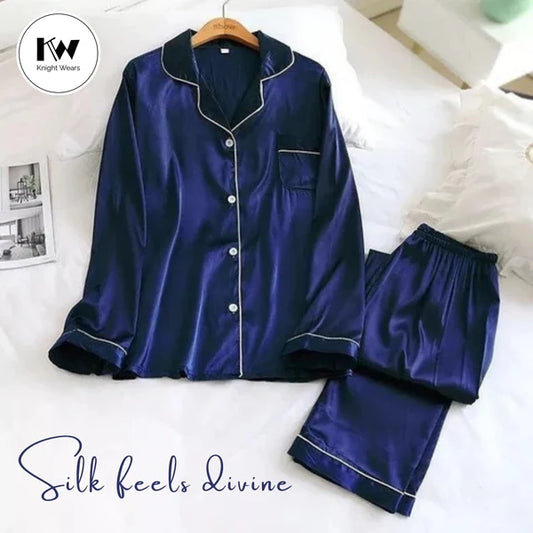 2 Pcs Blue Premium Satin Silk Pajama Set for Women