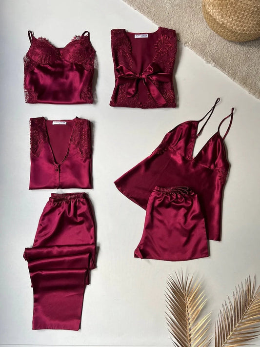 5 Pcs Slit Turkish Style Nighty Set Maroon