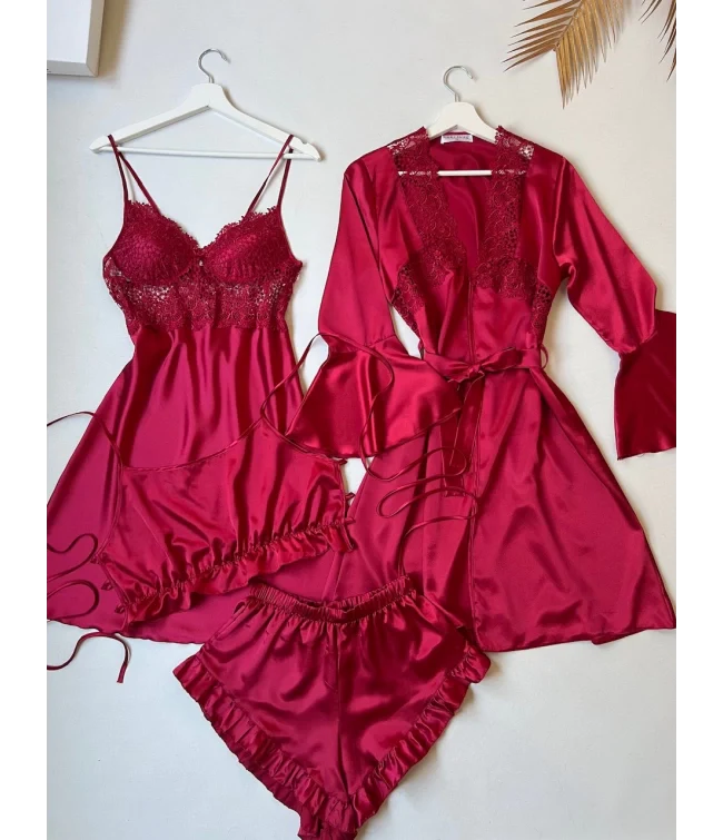 Satin Jersey Silk Turkish Guipure Detail Nighty Set