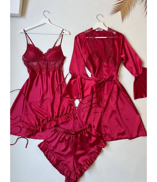 Satin Jersey Silk Turkish Guipure Detail Nighty Set